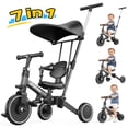 thumbnail image 1 of JoyStone 7 in 1 Foldable Tricycle for Toddlers with Adjustable Canopy, Detachable Backrest, Adjustable Seat and Handle and Parental Control Handle, Balance Bike for 1-4 Year Old Boys and Girls, Black, 1 of 13