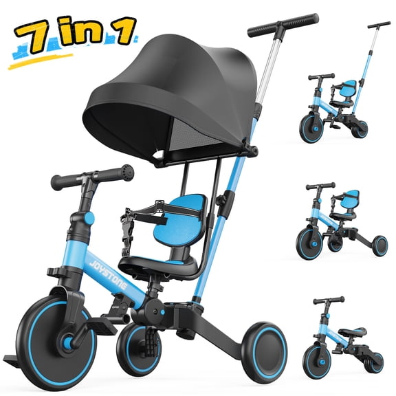 JoyStone 7 in 1 Folding Toddler Tricycle with Adjustable Canopy, Parental Control Handle, Detachable Backrest and Adjustable Seat and Handle, Push Tricycle Bike for 1-4 Year Old Boys and Girls, Blue