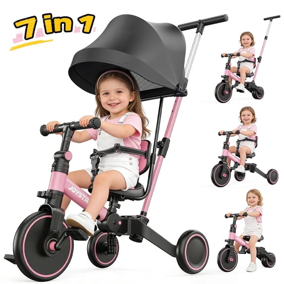JoyStone 7 in 1 Folding Toddler Tricycle with Adjustable Canopy, Parental Control Handle, Detachable Backrest and Adjustable Seat and Handle, Push Tricycle Bike for 1-4 Year Old Boys and Girls, Pink