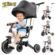 JoyStone 7 in 1 Folding Toddler Tricycle with Adjustable Canopy, Parental Control Handle, Detachable Backrest and Adjustable Seat and Handle, Push Tricycle Bike for 1-4 Year Old Boys and Girls, White
