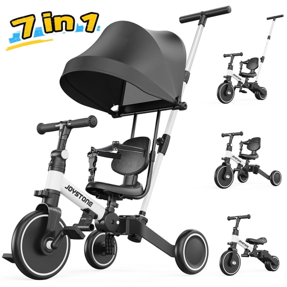 JoyStone 7 in 1 Folding Toddler Tricycle with Adjustable Canopy, Parental Control Handle, Detachable Backrest and Adjustable Seat and Handle, Push Tricycle Bike for 1-4 Year Old Boys and Girls, White