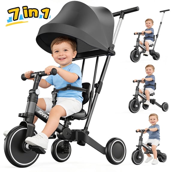 JoyStone 7 in 1 Folding Toddler Tricycle with Adjustable Canopy, Parental Control Handle, Detachable Backrest and Adjustable Seat and Handle, Push Tricycle Bike for 1-4 Year Old Boys and Girls, Black
