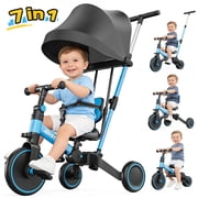 JoyStone 7 in 1 Folding Toddler Tricycle with Adjustable Canopy, Parental Control Handle, Detachable Backrest and Adjustable Seat and Handle, Push Tricycle Bike for 1-4 Year Old Boys and Girls, Blue