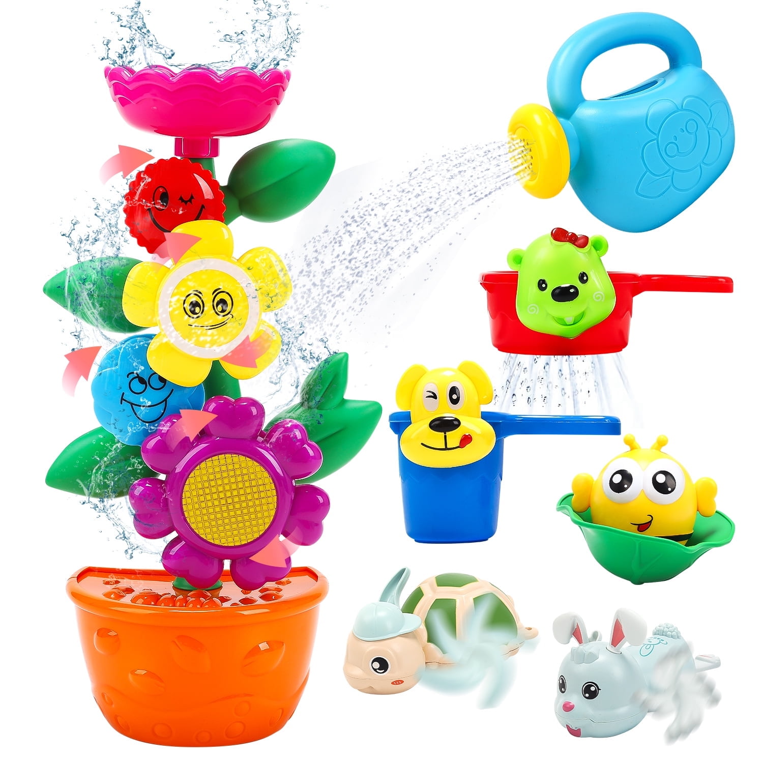JoyStone 7 PCS Toddler Bath Toy Set Flower Waterfall Water Station Garden Sprinkler Toy Stacking Cup Watering Bottle for Toddler Boys Girls Red