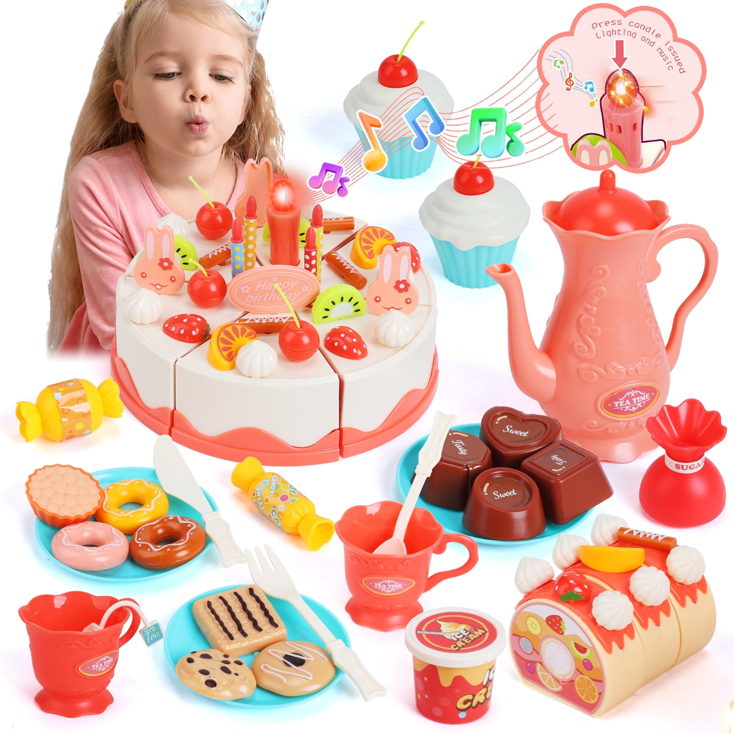 JoyStone 82 PCS Birthday Cake Toys Set, Pretend Play Tea Party Dessert Set with Light & Cutting Food Chocolate, Fruit Decor, Candles, Gift for Kids