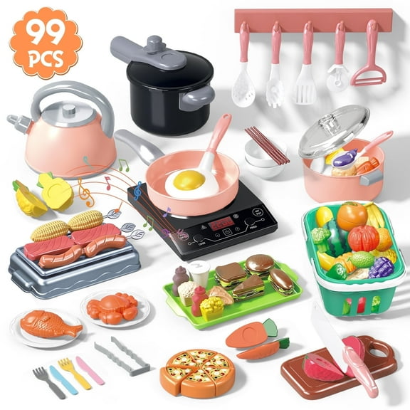 JoyStone 99PCS Kids Kitchen Toy Cookware with BBQ Play Food Toy Set,Kitchen Play Accessories with Pots and Pans,Cutting Food, Toys Gift for Toddlers, Pink