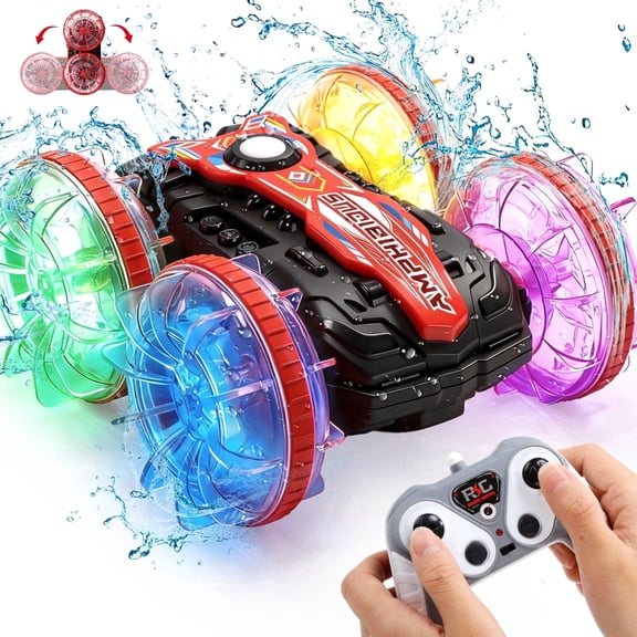 JoyStone Amphibious Remote Control Car Boat with LED Lights, 4WD RC Stunt Car Toy for Boys Girls, Water Beach Pool Toys for Kids Ages 8-12, Red