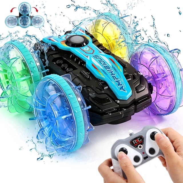 JoyStone Amphibious Remote Control Car Boat with LED Lights, 4WD RC Stunt Car Toy for Boys Girls, Water Beach Pool Toys for Kids Ages 8-12, Blue