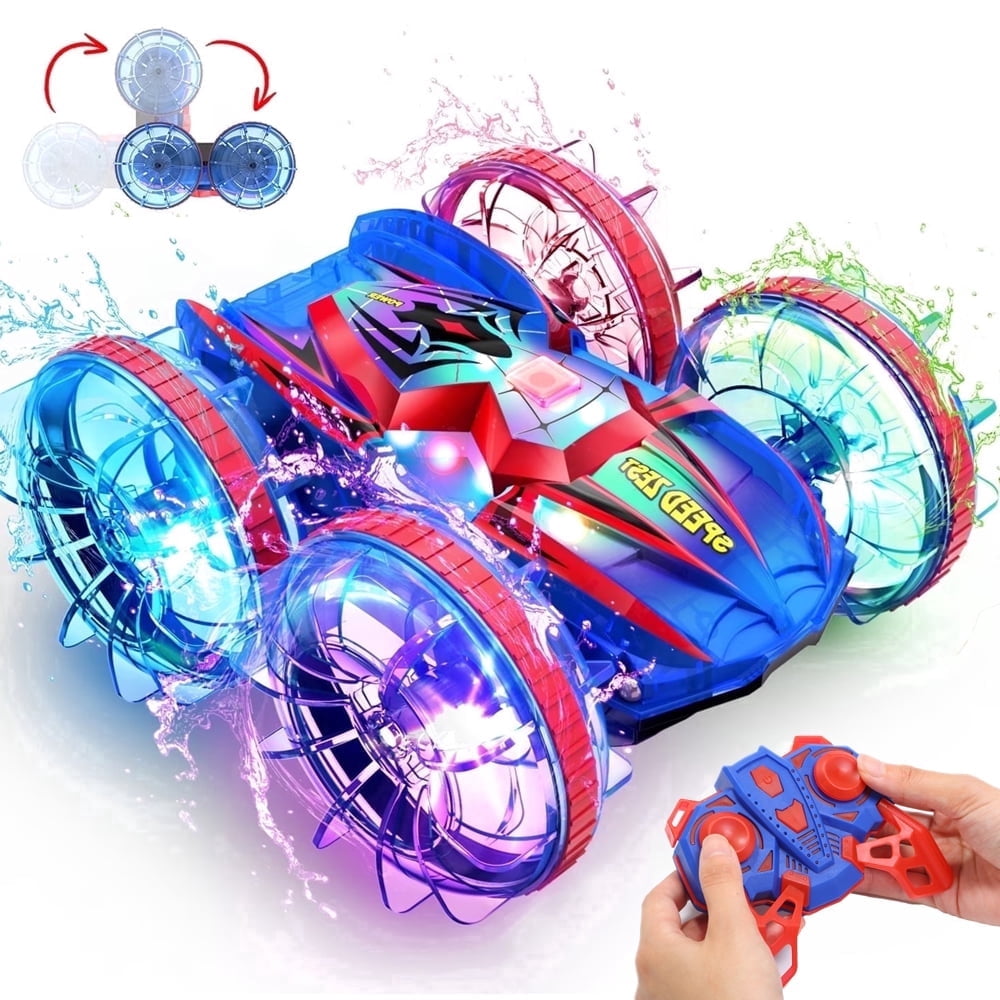 JoyStone Amphibious Remote Control Car Boat with LED Lights, 4WD RC Stunt Car Toy for Boys Girls, Water Beach Pool Toys for Kids Ages 8-12, Red&Blue