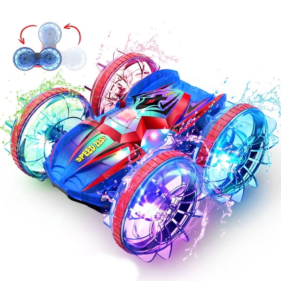 JoyStone Amphibious Remote Control Car Boat with LED Lights, 4WD RC Stunt Car Toy for Boys Girls, Water Beach Pool Toys for Kids Ages 8-12, Red