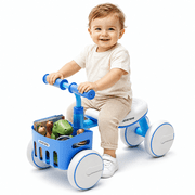 JoyStone Baby Balance Bike with Basket for 1-3 Years, 4-Wheel Toddler Ride-On Push Walker, No Pedal First Bike for Boys Girls, Lightweight First Birthday Gift, Blue