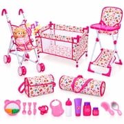JoyStone 3-in-1 Baby Doll Stroller Set with 12" Talking Doll, Foldable Stroller, High Chair, Doll Bed, 2 Storage Bags & Feeding Accessories, Doll Care Nursery P