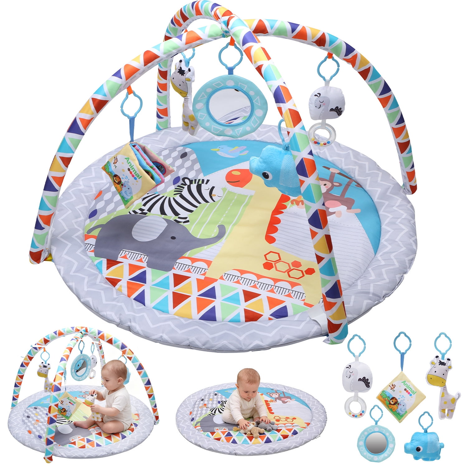 JoyStone Baby Gym Play Mat Activity Mat with 5 Detachable Toys, Round Tummy Time Play Mat for Newborns & Infants 0–12 Months