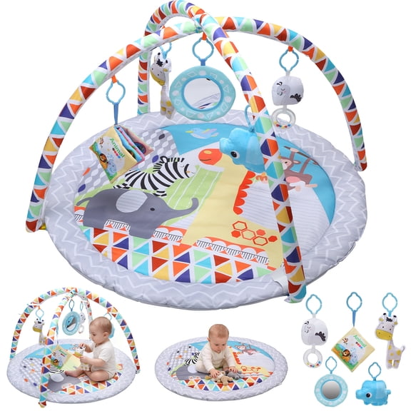 JoyStone Baby Gym Play Mat Activity Mat with 5 Detachable Toys, Round Tummy Time Play Mat for Newborns & Infants 0–12 Months