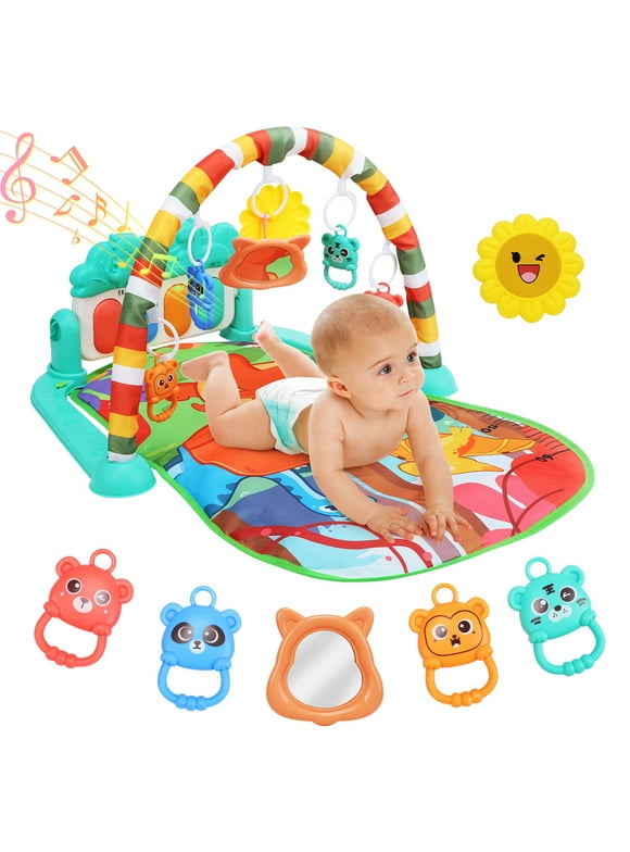 JoyStone Baby Gym Play Mat for Babies Tummy Time Mat, Play Music and Lights Piano Playmat Activity Gym for Baby Boy Girl, Infant Toddler Activity Center Toys, Baby Floor Newborn Play Mat, Green