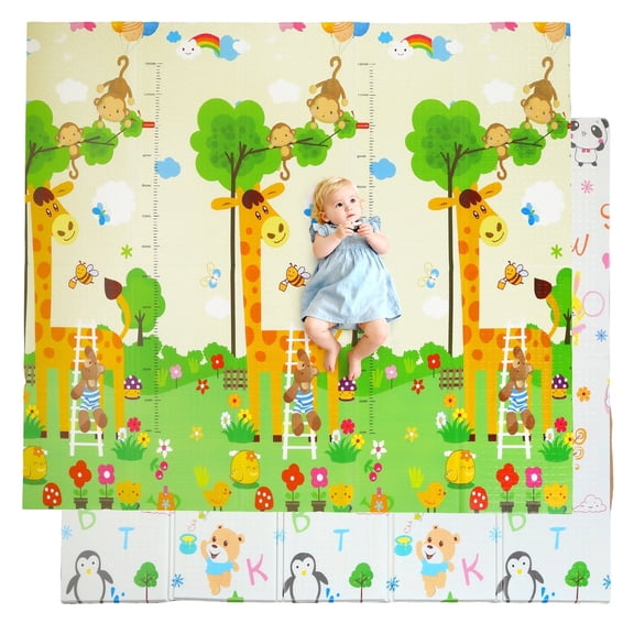 JoyStone Baby Play Mat, 78" X 70" Extra Large Reversible Foam Play Mat, Non-Toxic Foldable Animal Print Waterproof Crawl Mat for Toddlers and Babies