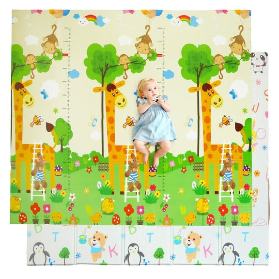 JoyStone Baby Play Mat, 78" X 70" Extra Large Reversible Foam Play Mat, Non-Toxic Foldable Animal Print Waterproof Crawl Mat for Toddlers and Babies