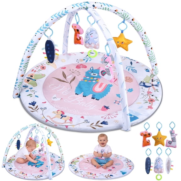 JoyStone Baby Gym Play Mat Activity Mat with 6 Detachable Toys, Round Tummy Time Play Mat for Newborns & Infants 0–12 Months