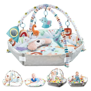 JoyStone Baby Gym Play Mat with 6 Detachable Toys, Washable Baby Activity Mat, Baby Gift for Newborn Infant 0-18 Months (Grey)