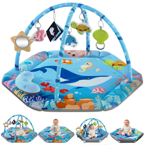 JoyStone Baby Gym Play Mat, 8-in-1 Tummy Time Mat, Infant Play Gym with 6 Detachable Toys, Washable Activity Mat & Ball Pit, Baby Toys Gift for Ages 0-18M