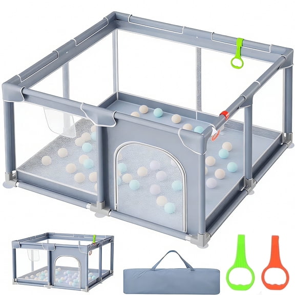 JoyStone Baby Playpen, 50 x 50 in, Non-Slip Base, Soft Mesh Sides, 2 Pull-up Rings, Carry Bag, Gray
