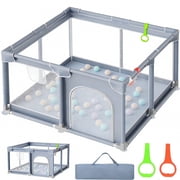 JoyStone Baby Playpen, 50 x 50 in, Non-Slip Base, Soft Mesh Sides, 2 Pull-up Rings, Carry Bag, Gray