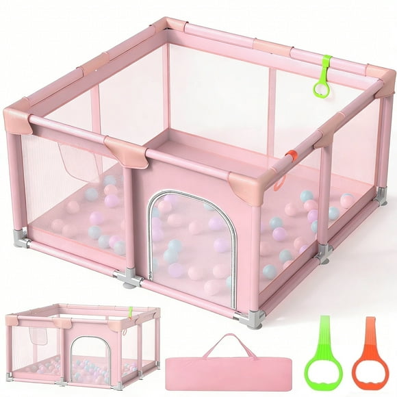 JoyStone Baby Playpen, 50 x 50 in, Non-Slip Base, Soft Mesh Sides, 2 Pull-up Rings, Carry Bag, Pink