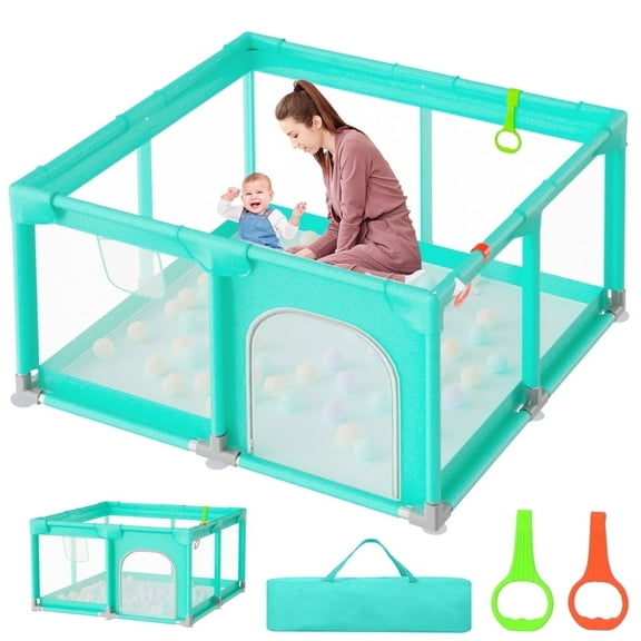 JoyStone Baby Playpen, 50 x 50 in, Non-Slip Base, Soft Mesh Sides, 2 Pull-up Rings, Carry Bag, Green