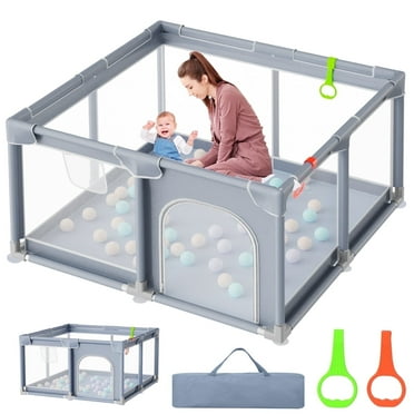 JoyStone Baby Playpen, 50 x 50 in, Non-Slip Base, Soft Mesh Sides, 2 Pull-up Rings, Carry Bag, Gray
