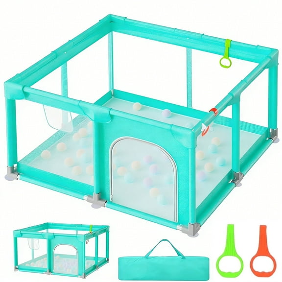 JoyStone Baby Playpen, 50 x 50 in, Non-Slip Base, Soft Mesh Sides, 2 Pull-up Rings, Carry Bag, Green