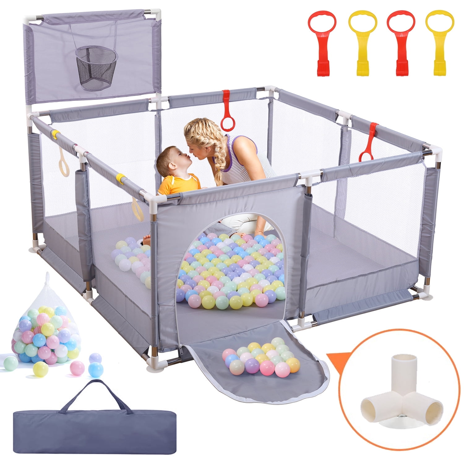 Walmart Saving of  Walmart Black Friday Deals 2025 - JoyStone 50 x 50 Baby Playpen with 30 Ocean Balls, Soft Mesh Sides, Basketball Hoop & Pull Rings, Indoor Baby Fence for Toddlers, Grey
