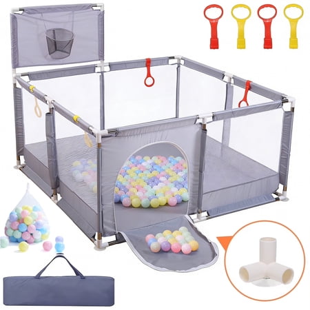 JoyStone 50 x 50 Baby Playpen with 30 Ocean Balls, Soft Mesh Sides, Basketball Hoop & Pull Rings, Indoor Baby Fence for Toddlers, Grey
