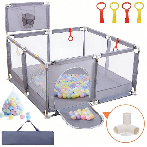JoyStone 50 x 50 Baby Playpen with 30 Ocean Balls, Soft Mesh Sides, Basketball Hoop & Pull Rings, Indoor Baby Fence for Toddlers, Grey