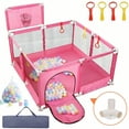 thumbnail image 1 of JoyStone 50 x 50 Baby Playpen with 30 Ocean Balls, Soft Mesh Sides, Basketball Hoop & Pull Rings, Indoor Baby Fence for Toddlers, Pink, 1 of 9