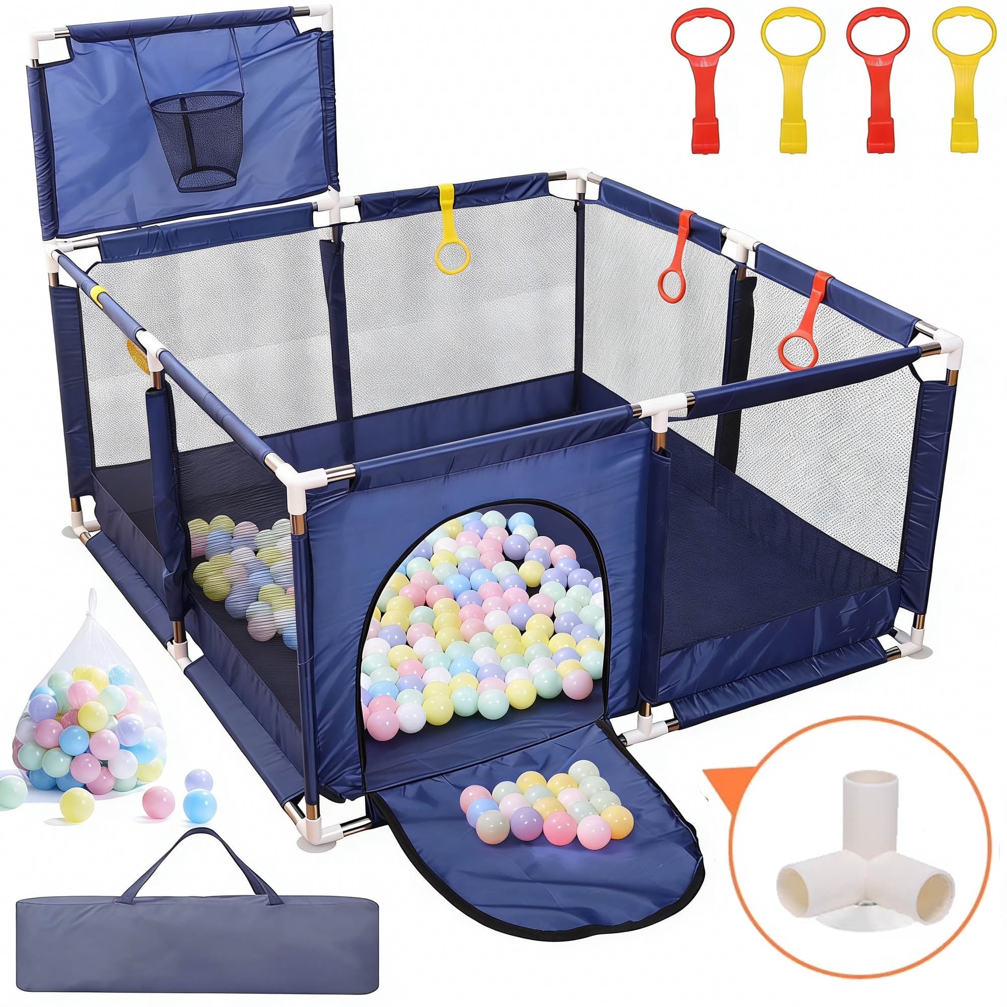 JoyStone 50 x 50 Baby Playpen with 30 Ocean Balls, Soft Mesh Sides, Basketball Hoop & Pull Rings, Indoor Baby Fence for Toddlers, Blue