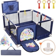 JoyStone 50 x 50 Baby Playpen with 30 Ocean Balls, Soft Mesh Sides, Basketball Hoop & Pull Rings, Indoor Baby Fence for Toddlers, Blue