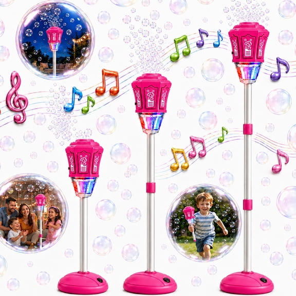 JoyStone Outdoor Bubble Machine for Kids with Lights & Music, Street Lamp Style Bubble Blower with Adjustable Heights, Pink