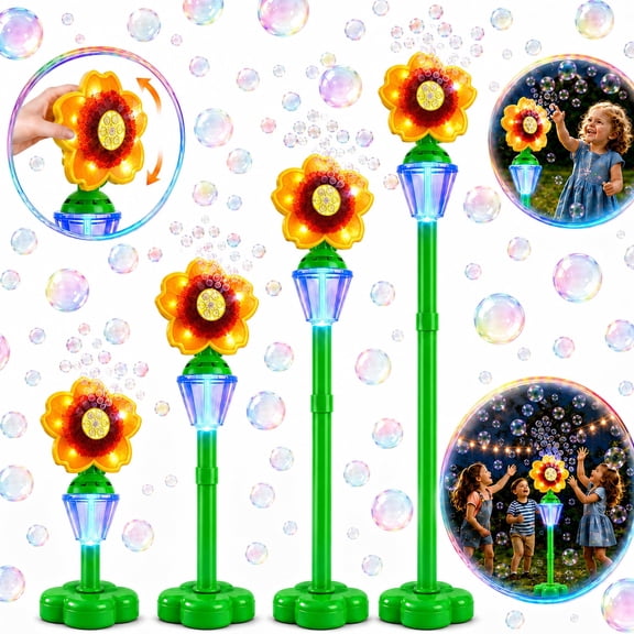 JoyStone Sunflower Bubble Machine for Kids, 2-in-1 Handheld & Standing Bubble Maker with 4 Adjustable Heights, Lights and Music, Outdoor Bubble Toy Gift for Ages 3+