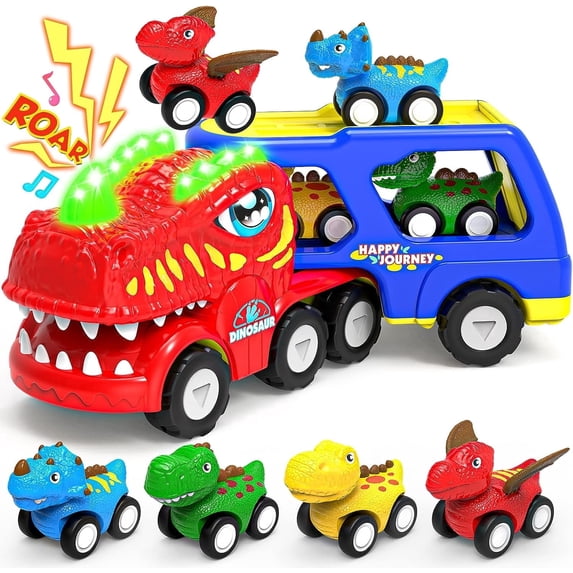 JoyStone Dinosaur Truck Toys for Kids, Friction Powered Transport Carrier Truck with 4 Pull-Back Dino Cars, Toddler Gifts with Sounds & Lights for Boys 3 4 5+