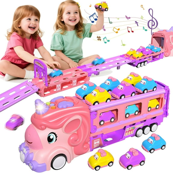 JoyStone Car Toys for Toddler Girls, Princess Truck with Lights and Sounds, Foldable 2-Player Race Track, 6 Friction Powered Cars, Birthday Gift for Kids Ages 3-8