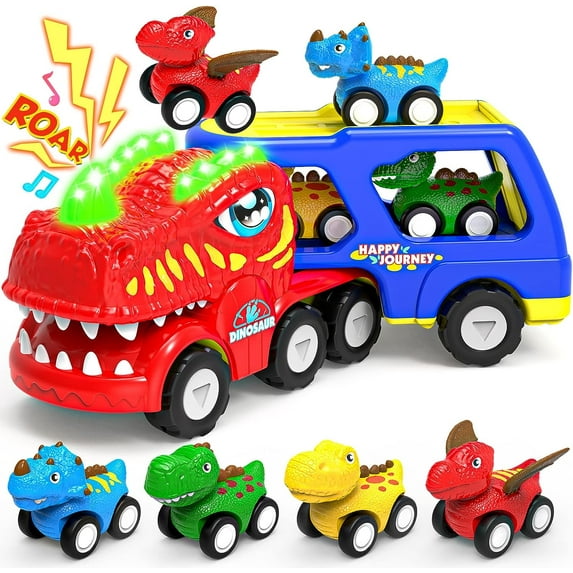 JoyStone Car Toys for Toddler Girls, Princess Truck with Lights and Sounds, Foldable 2-Player Race Track, 6 Friction Powered Cars, Birthday Gift for Kids Ages 3-8