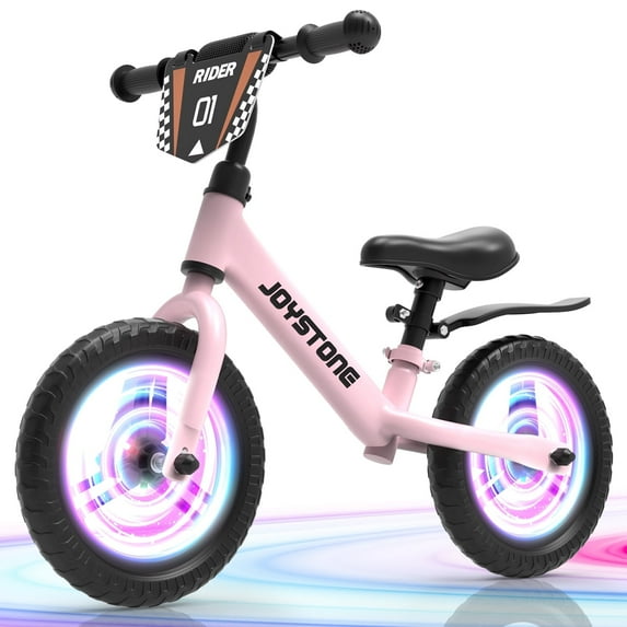 JoyStone Colorful Lighting 12 Inch Toddler Balance Bike, Kids Training Balance Bike with Adjustable Seat, Customize Plate, Flat-Free Tires, No Pedals Bike Gift for Boys Girls, Pink
