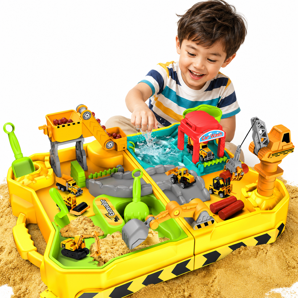 JoyStone JoyStone Construction Sand Kit for Kids, Sand and Water Table with 4 Alloy Construction Trucks and Molds, Foldable Sandbox Sensory Toy with Dry-Wet Separation, Beach Toys for Boys Girls