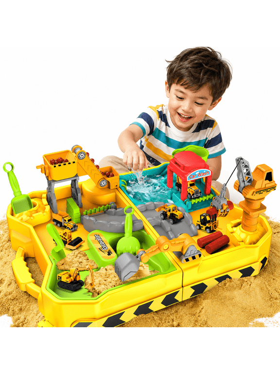 Construction Sand Kit for Kids, Sand and Water Table with 4 Alloy Construction Trucks and Molds, Foldable Sandbox Sensory Toy with Dry-Wet Separation, Beach Toys for Boys Girls