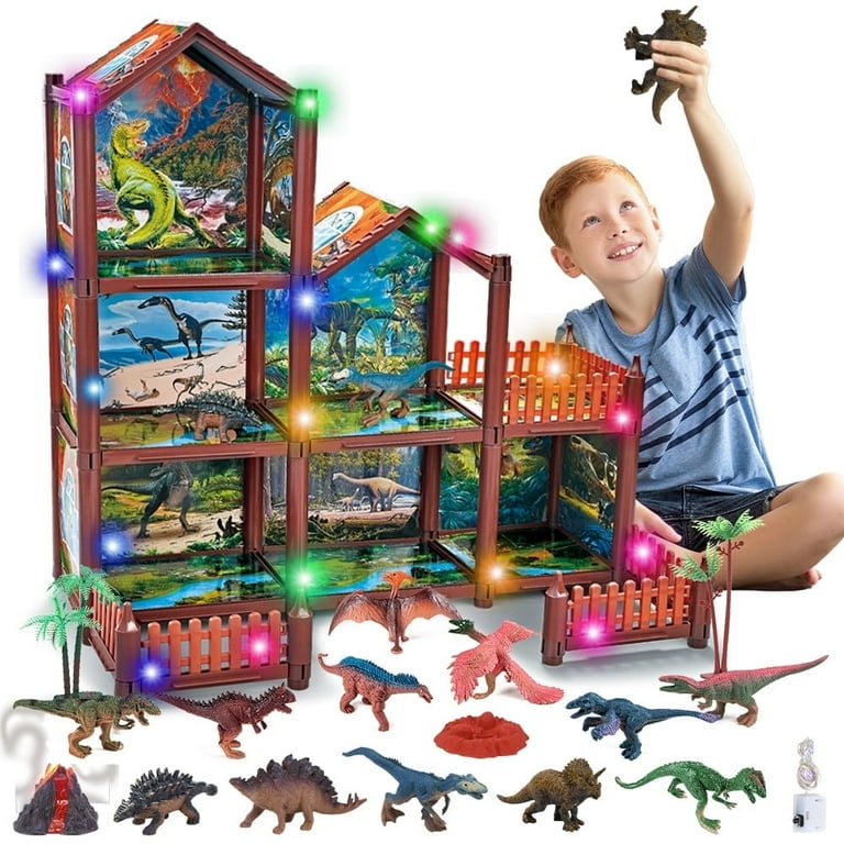 JoyStone DIY Dinosaur House, 12 Figures, Rooms with LED Lights