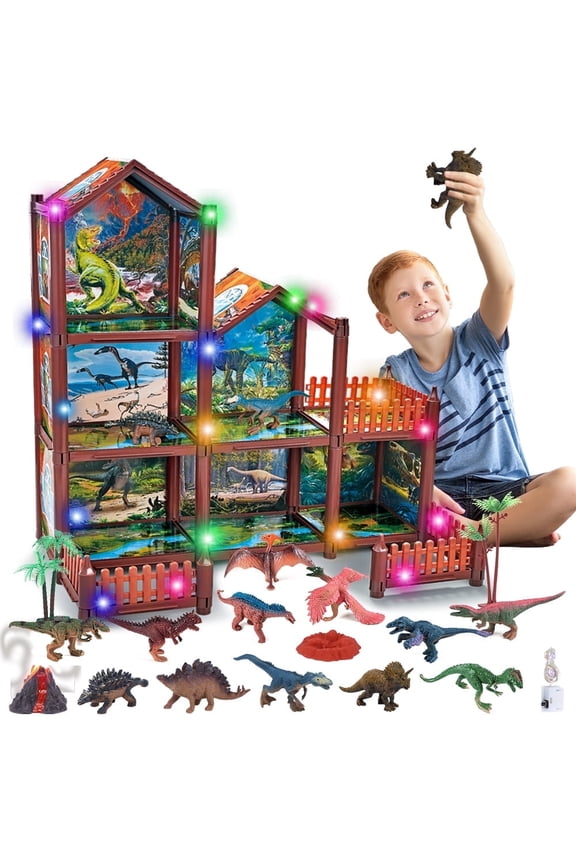 DIY Dinosaur House Playset with 12 Figures and 6 Rooms, Pretend Toy for Kids Ages 6-12