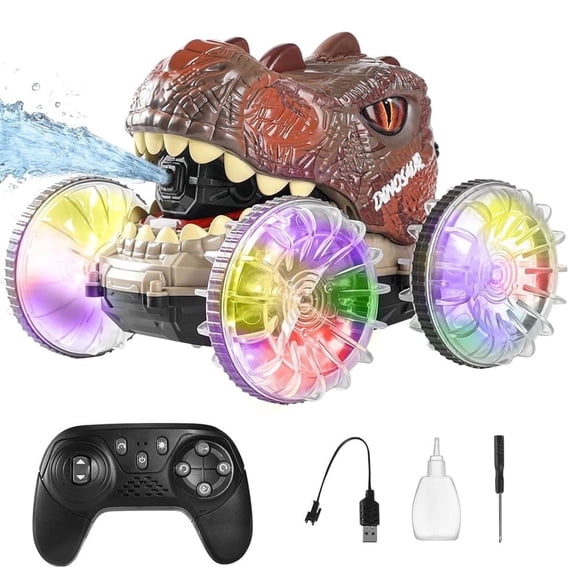 JoyStone Dinosaur Amphibious Remote Control Car for Water & Land with Water Machine, RC Monster Truck Toys with LED Lights, 360° Spins and Drifting for Boys Girls, Brown