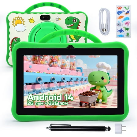 JoyStone Dinosaur Kids Tablet 7 inch Android 14, 2GB RAM 32GB ROM, Parental Control, WiFi Bluetooth, Dual Camera, HD Display, Learning Toddler Tablet with Case, Green