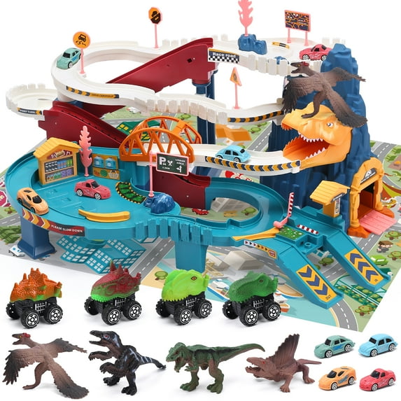 JoyStone Dinosaur Race Track Playset for Kids Boys, Race Car Track Toys with 4 Mini Cars & 4 Dino, Adventure Toy Vehicle Playset for 3-5 Years Old, Blue