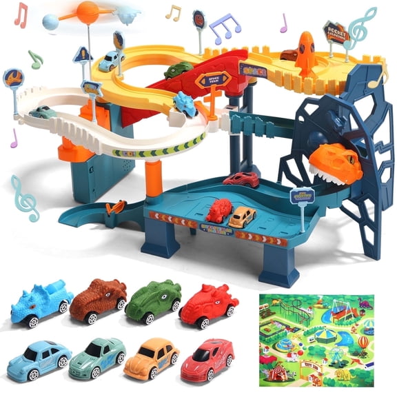 JoyStone Dinosaur Race Track Playset with Map, 4 Pull Back Dino Cars, Garage Parking Adventure Toy with Lights & Sounds, Educational Gift for Kids Ages 3-8
